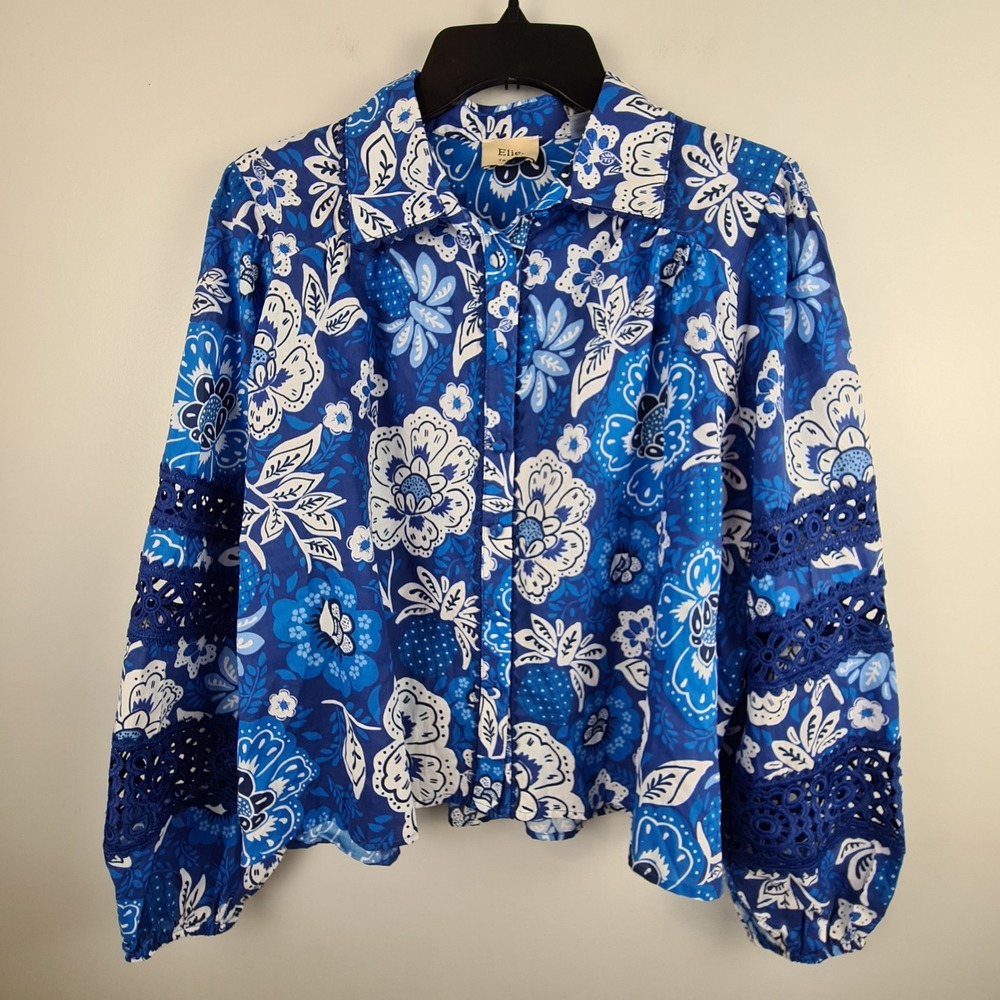 Elie Tahari Blue Floral Cotton Blouse Lace Crochet Sleeve Button Front Womens M